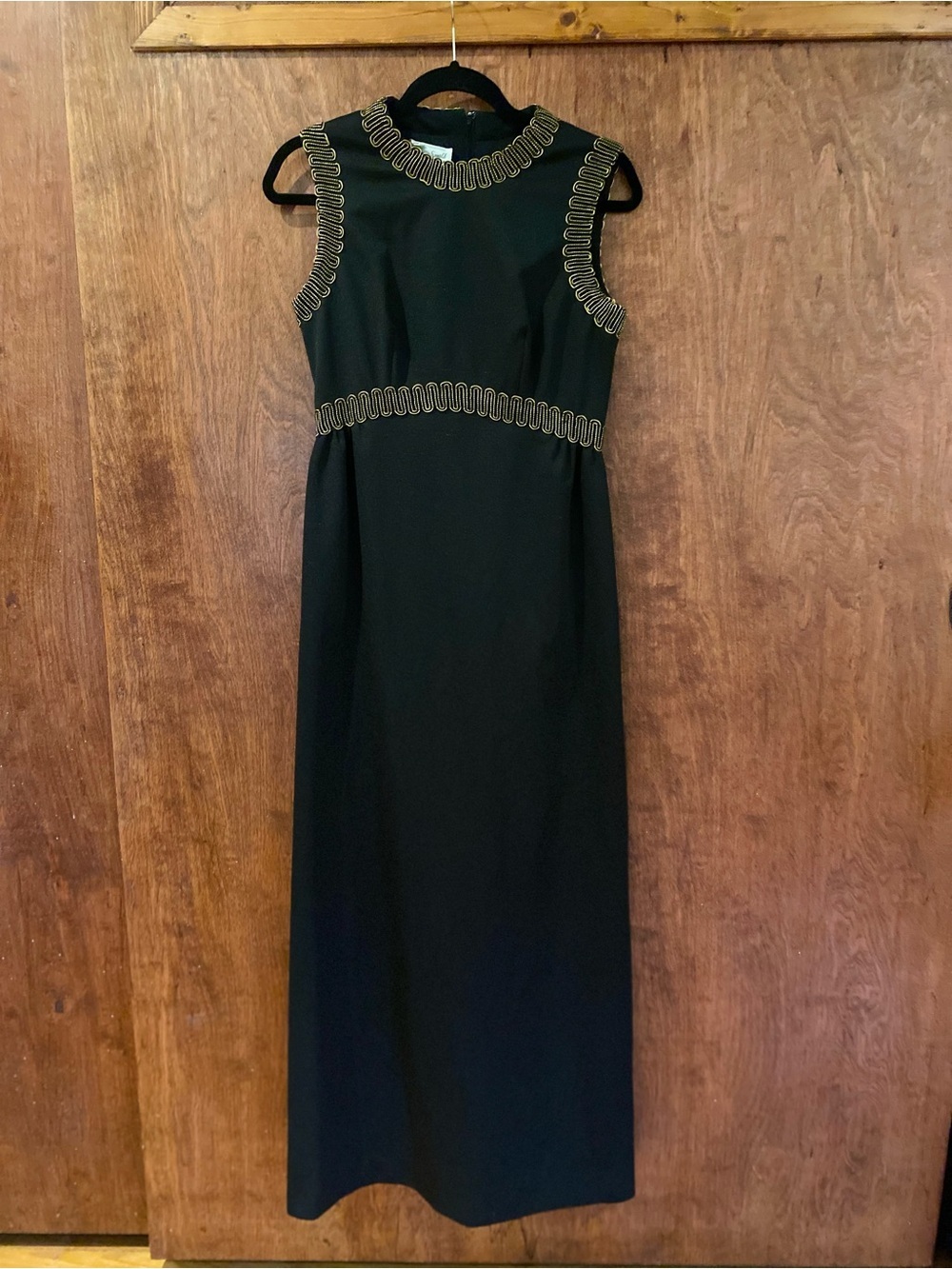 Vintage 1970s George Small New York Black Maxi Column Gown w/ Gold Soutache Trim - Picture 5 of 10